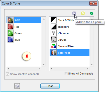 Adding the Soft Proof command to the Effects panel